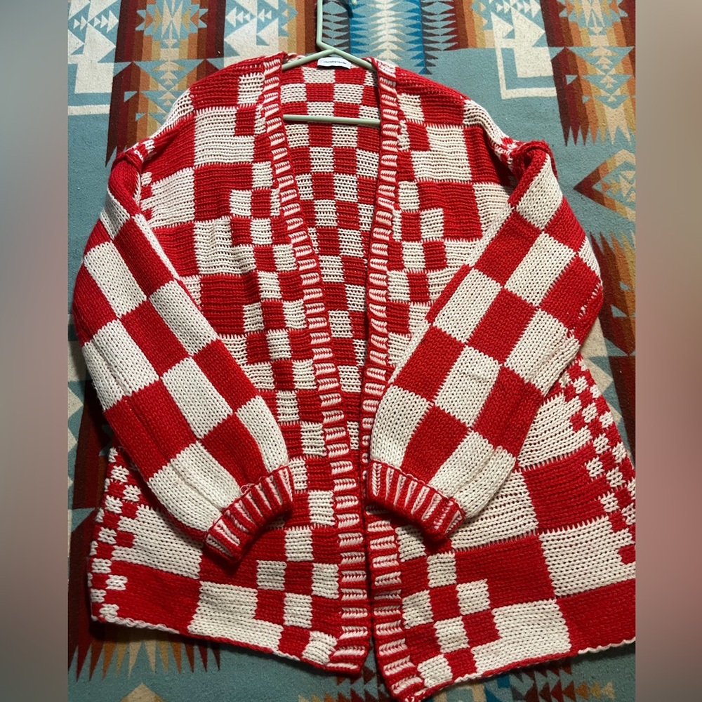 Charming Charlie Red and White Oversized Checkered Women's Sweater - Picture 3 of 3